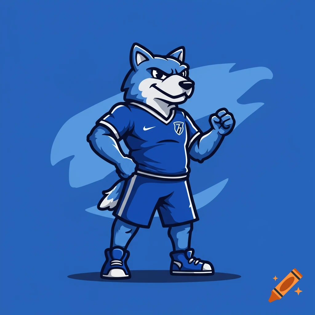 A blue cartoon wolf mascot wearing a sports uniform with a Nike swoosh and a shield logo, against a blue background.