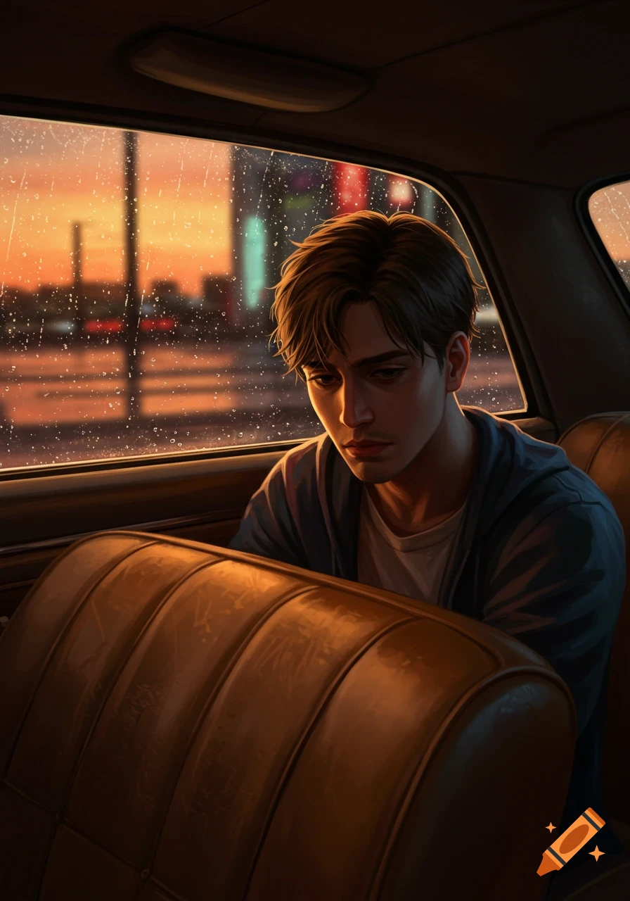 A moody digital art portrait of a young man with dark hair looking down sadly in the back of a car during a rainy sunset.