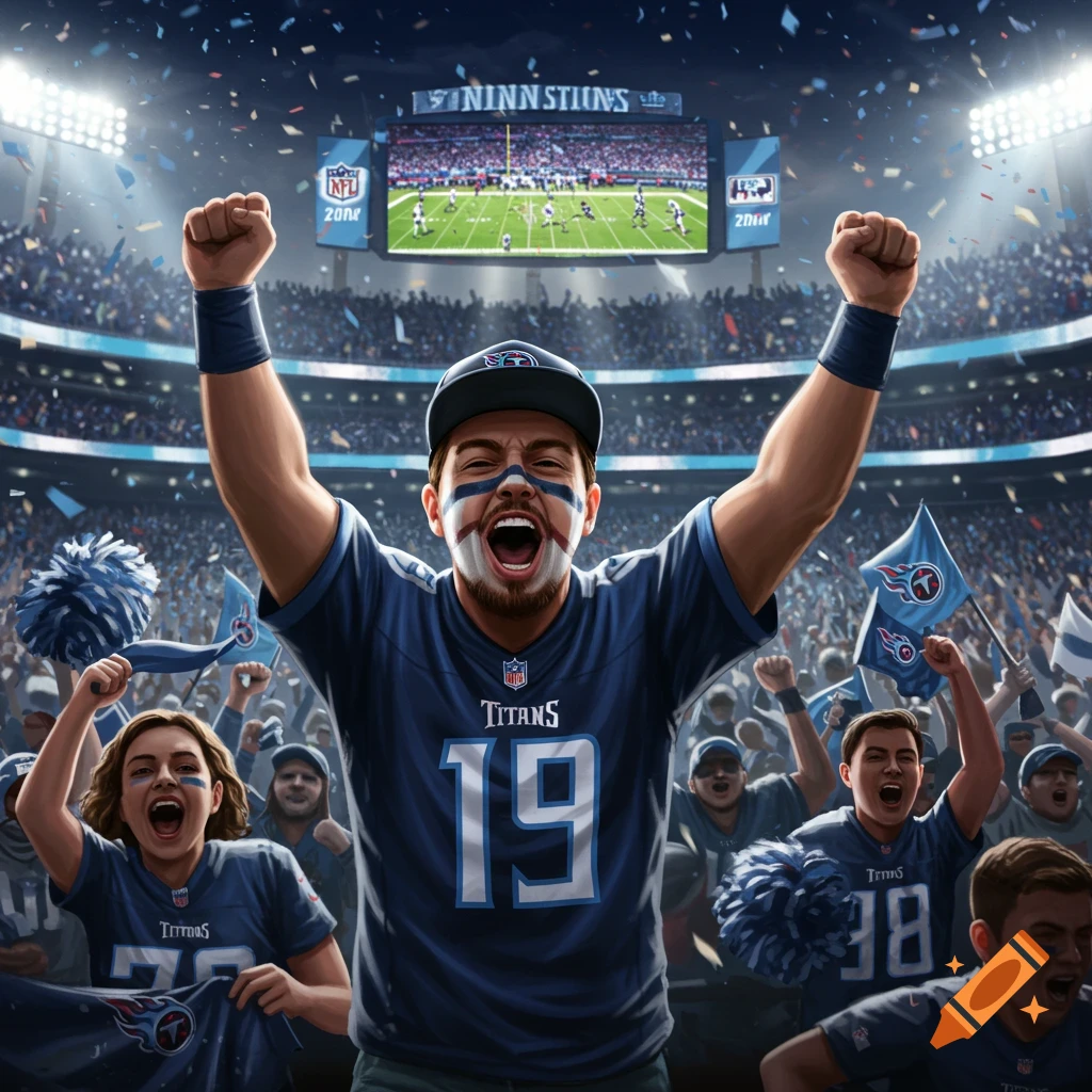 A jubilant Tennessee Titans fan with face paint cheers with arms raised in a crowded football stadium during a game.