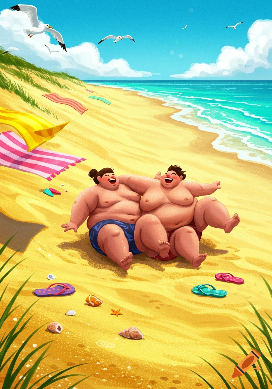 Two happy, overweight cartoon people sitting on a sunny beach with sand, ocean, and seagulls in a colorful illustration.