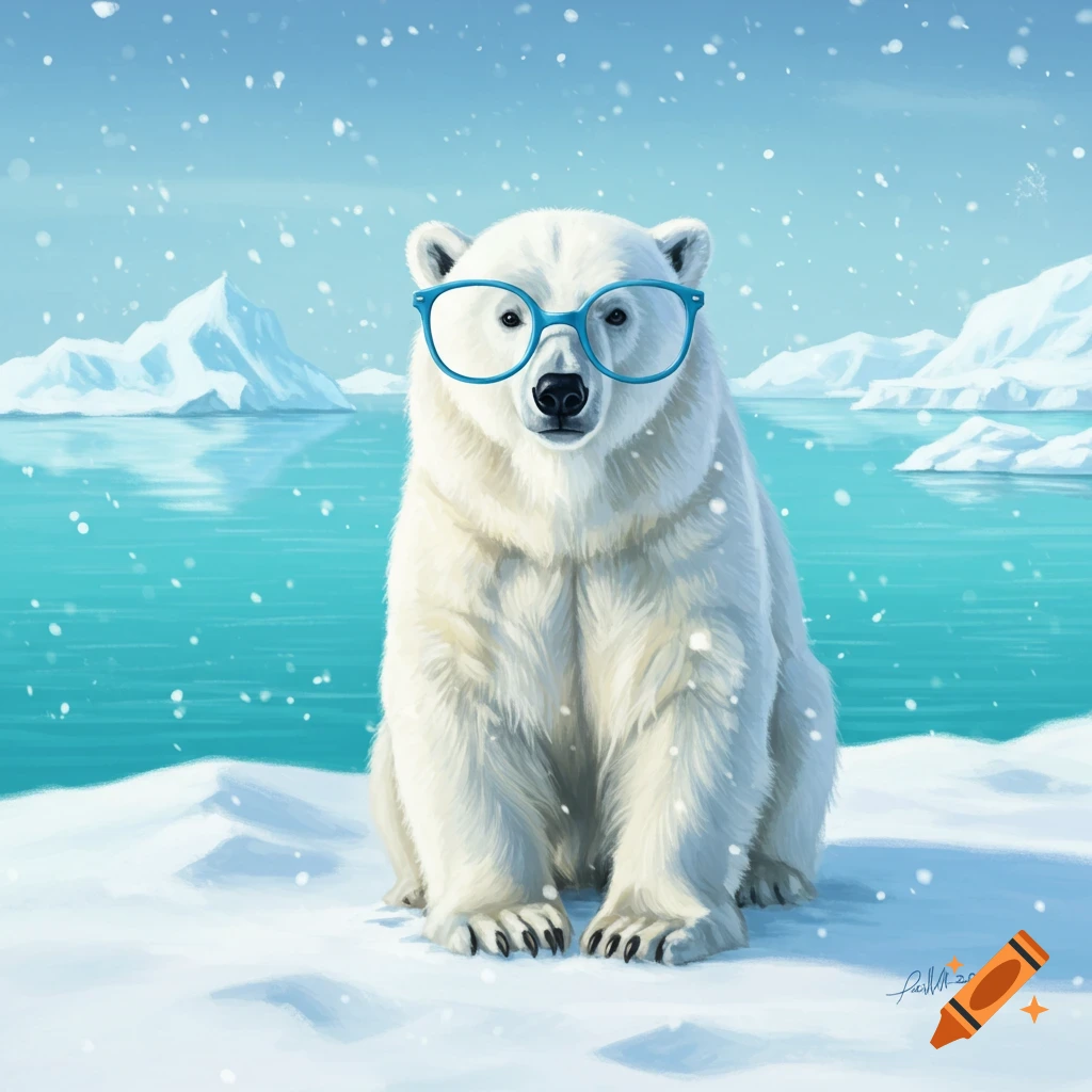 A digital illustration of a cute white polar bear wearing blue glasses sitting in a snowy Arctic landscape with turquoise water and icebergs.