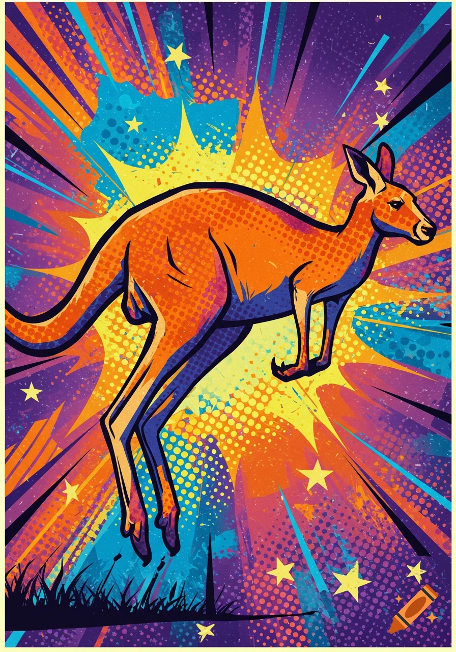 A vibrant pop art poster shows an orange kangaroo leaping against an explosion of colorful stars and comic dots.