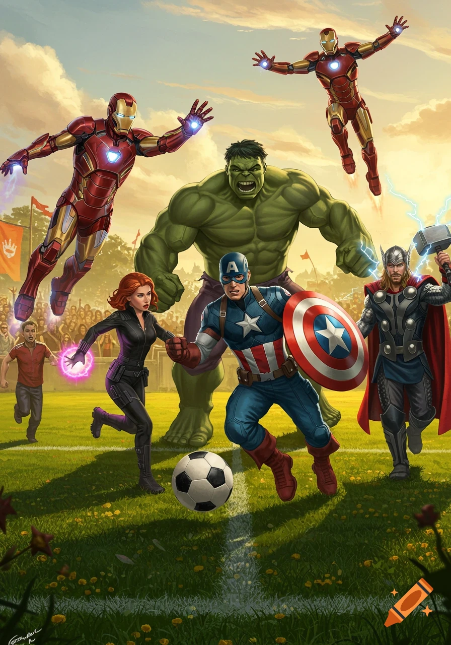Marvel Avengers superheroes, including Hulk, Captain America, Iron Man, Black Widow, and Thor, play soccer on a grassy field.