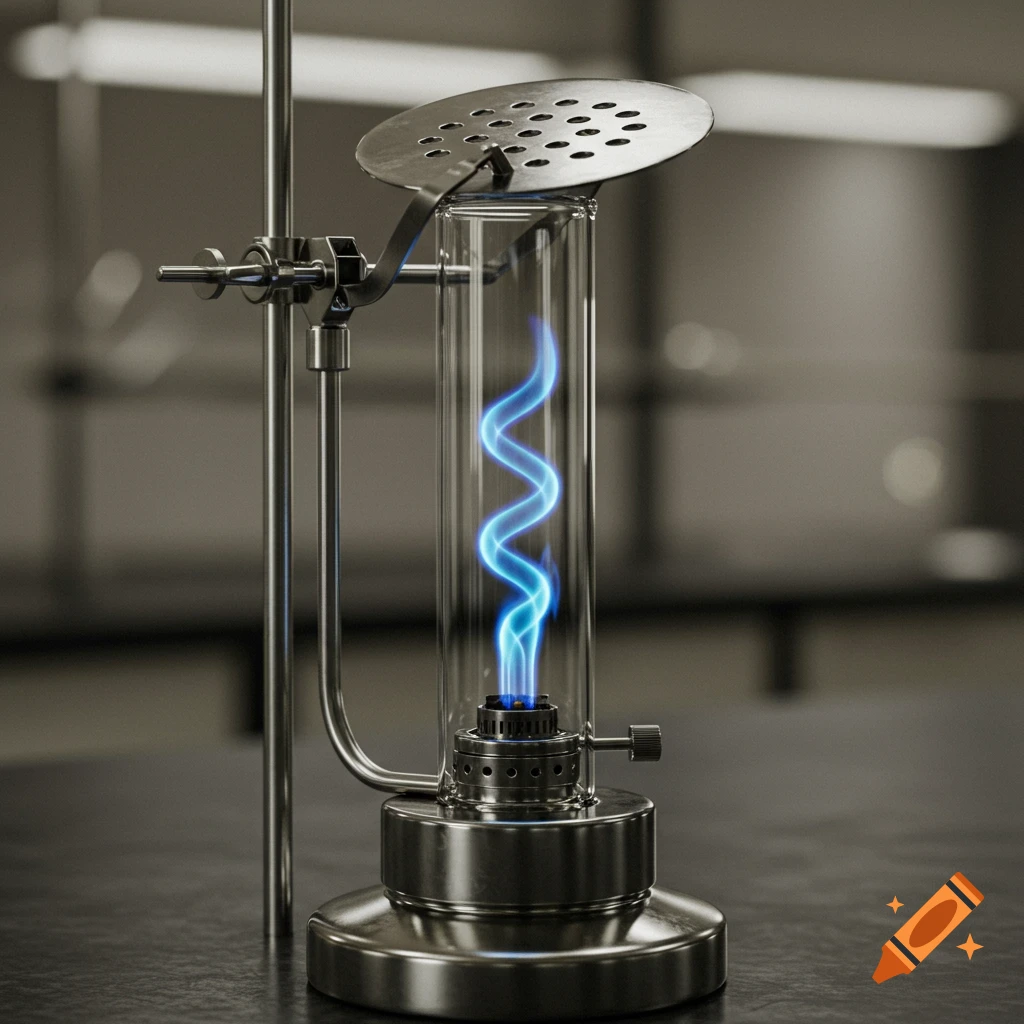A detailed view of a bunsen burner with a bright blue spiral flame contained within a vertical glass tube, connected to a metal stand and a perforated disc.