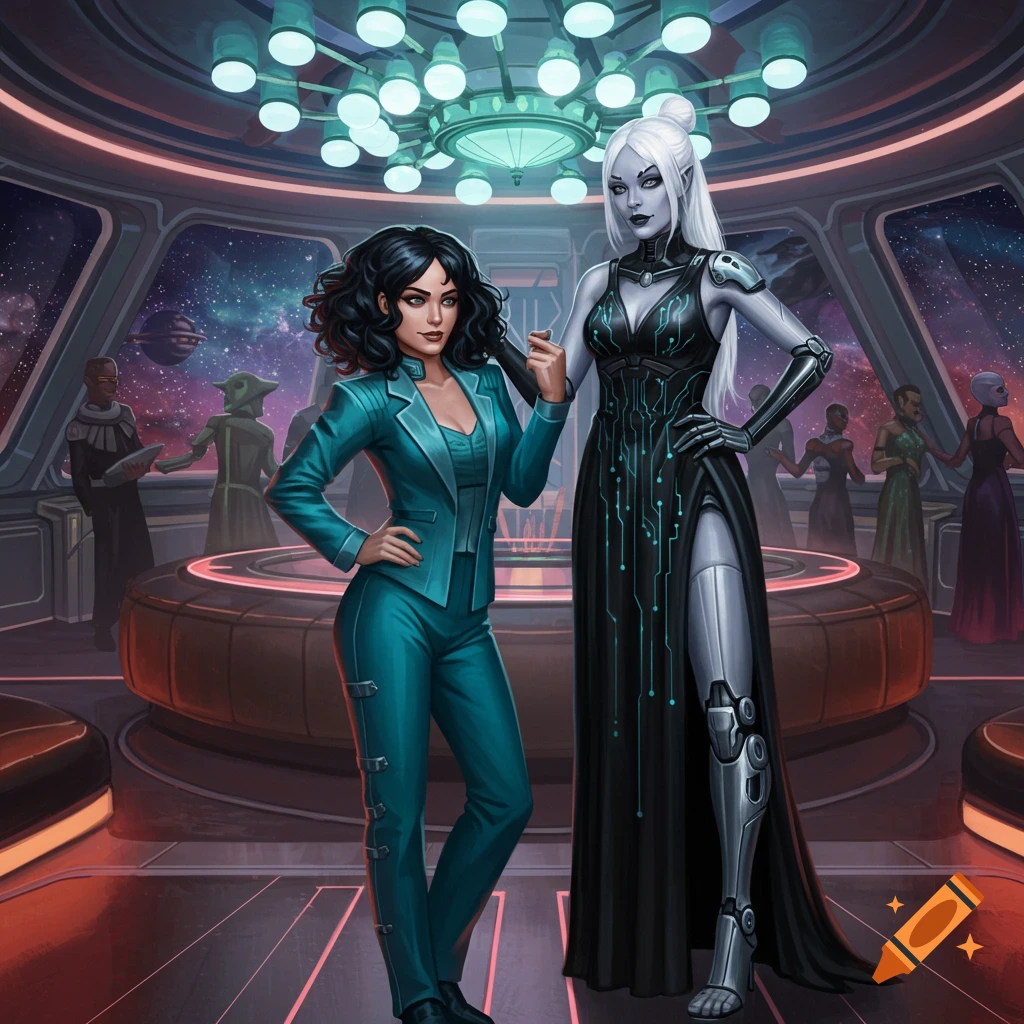 Two women, one in a teal suit and one in a black gown with robotic leg, stand in a retro-futuristic sci-fi ballroom with panoramic windows showing space.