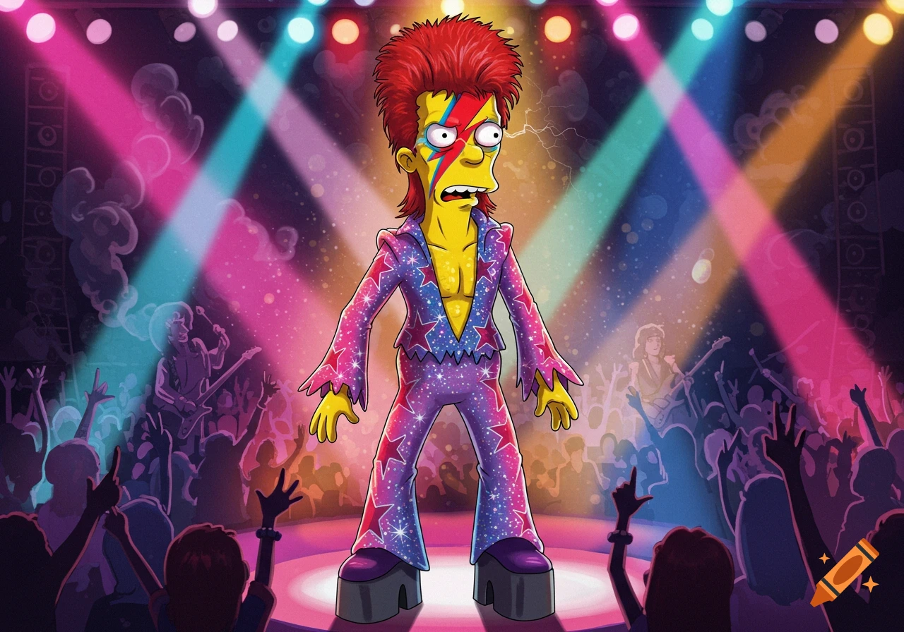 Cartoon Abe Simpson dressed as Ziggy Stardust with red hair, lightning bolt makeup, and a sparkly jumpsuit, on a colorful stage.
