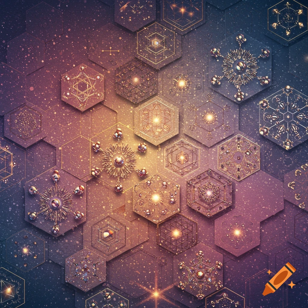 A vibrant mosaic of hexagonal tiles, adorned with golden sacred geometry symbols, set against a sparkling purple and gold background.