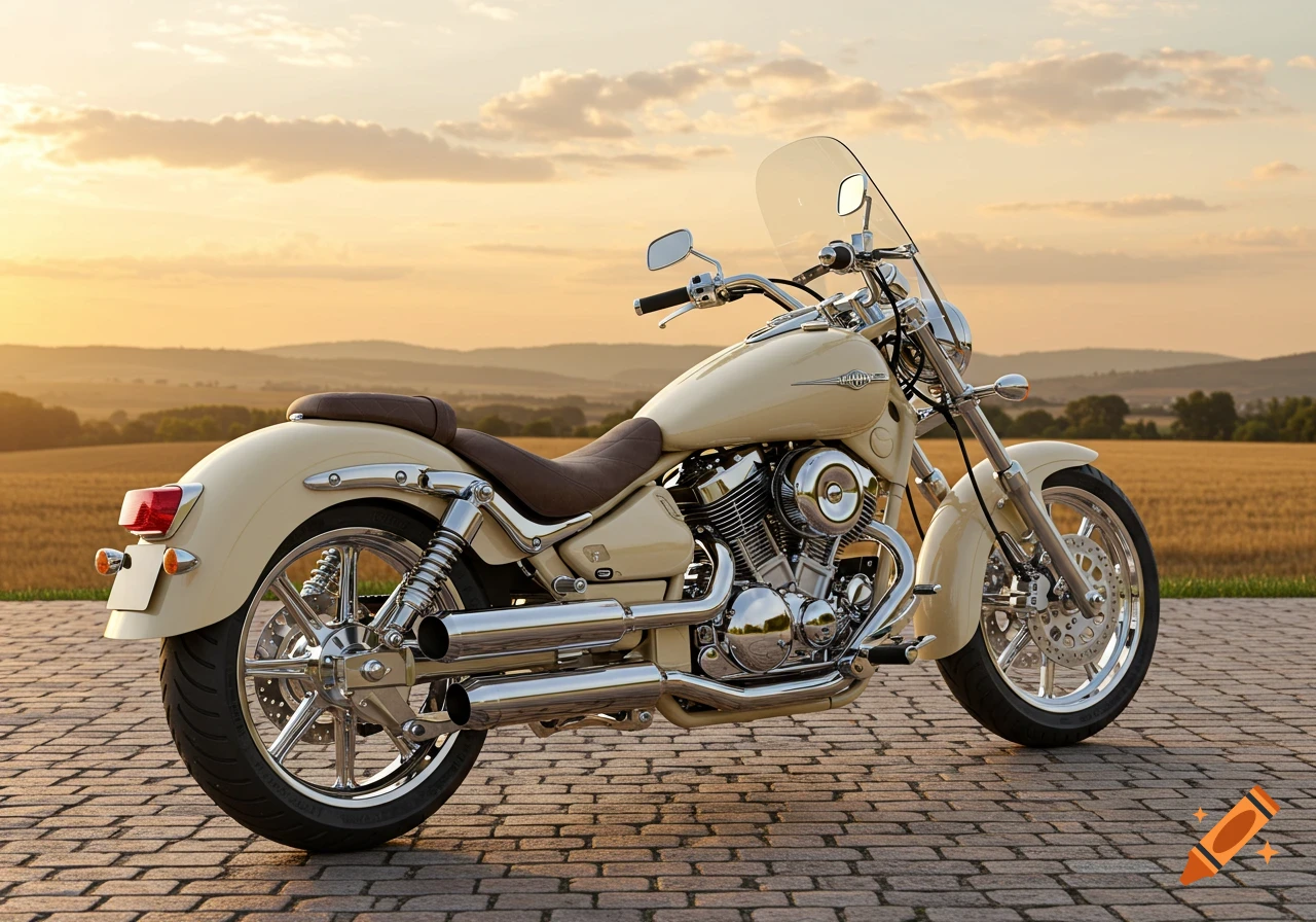 Cream colored motorcycle with a brown seat parked on a stone path in a field at sunset.