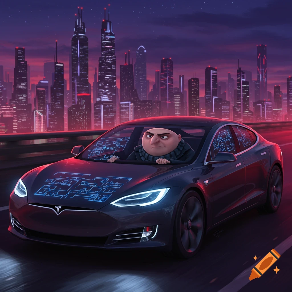 Gru driving a black Tesla car down a highway at night with a futuristic city skyline in the background, in an animated style.