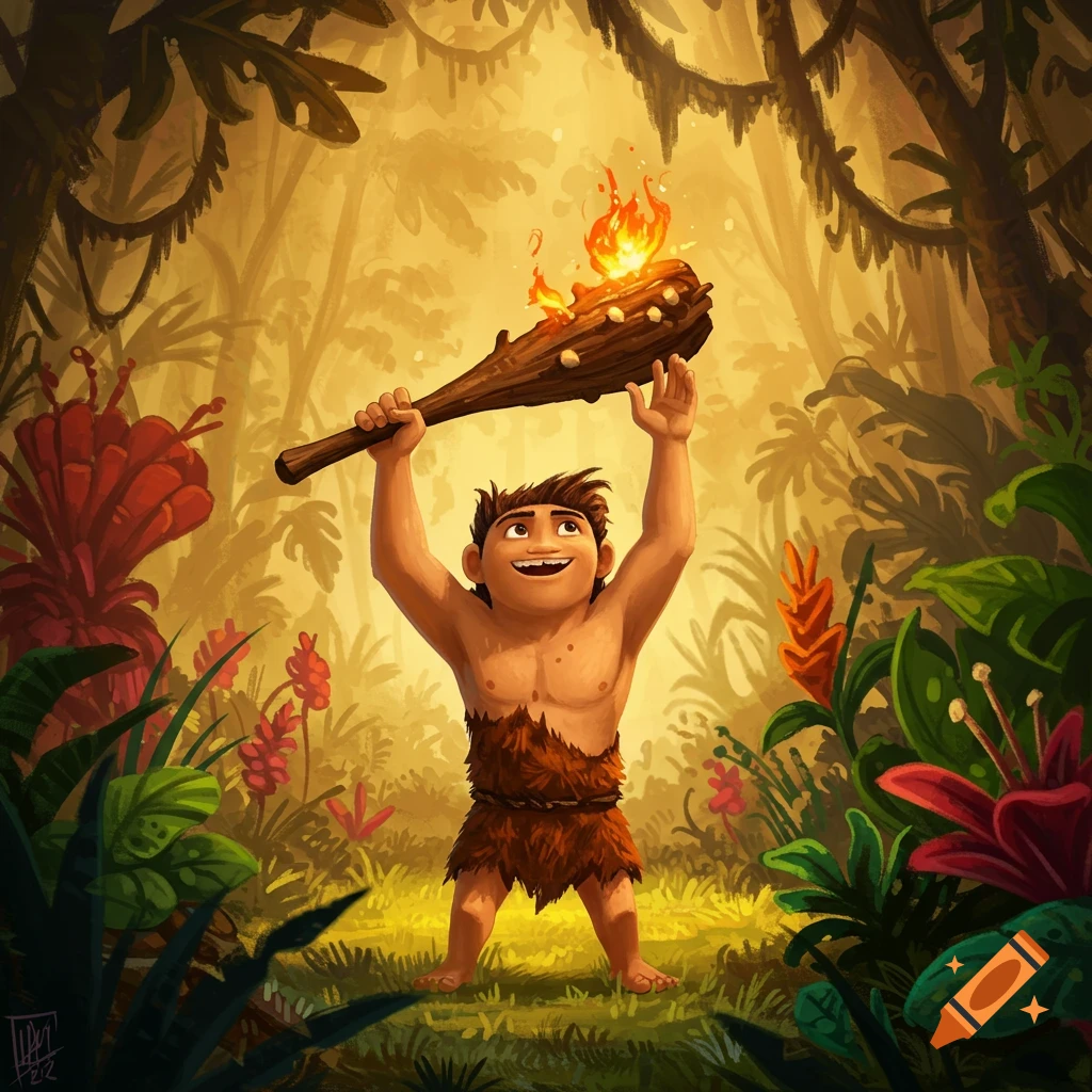 A cartoon character similar to Grug from The Croods, wearing a fur skirt, stands in a jungle holding a flaming club overhead.