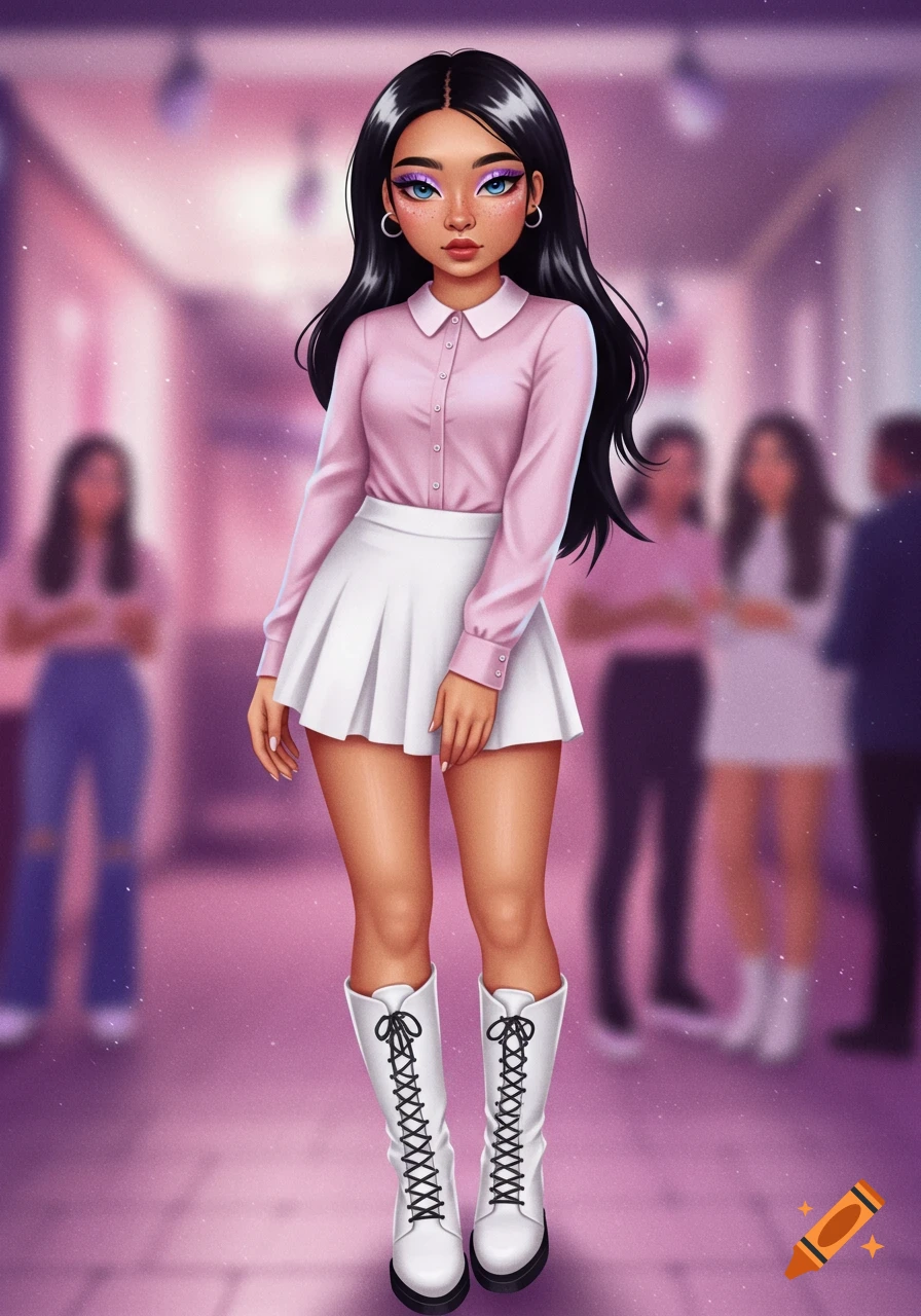 A stylized young woman with long black hair, blue eyes, and lavender eyeshadow, wearing a pink collared shirt, white mini skirt, and white go-go boots, standing in a blurry pink room.