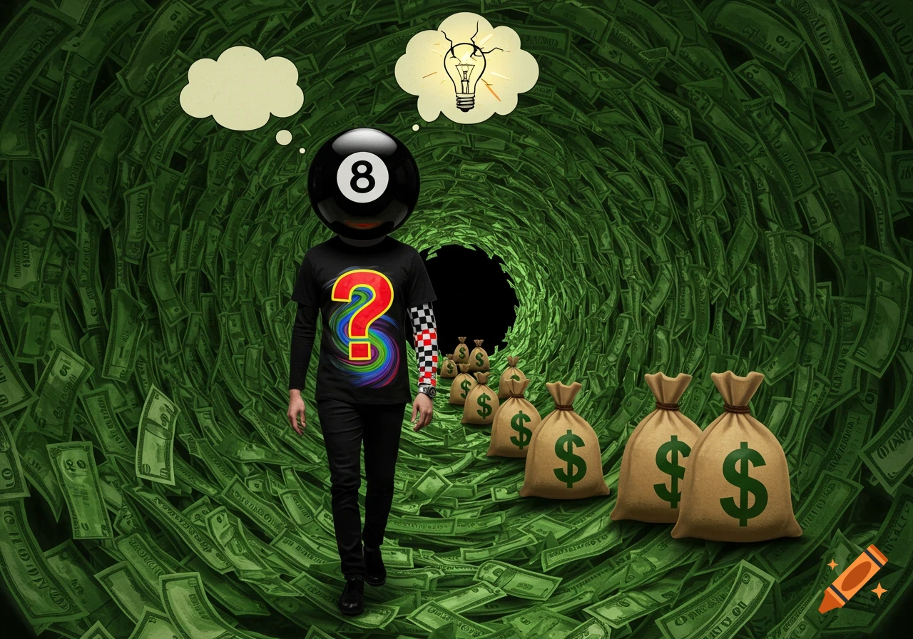 A person with an 8-ball for a head and a question mark on their shirt walks through a tunnel of money, followed by money bags, with a thought bubble containing a cracked light bulb above their head.