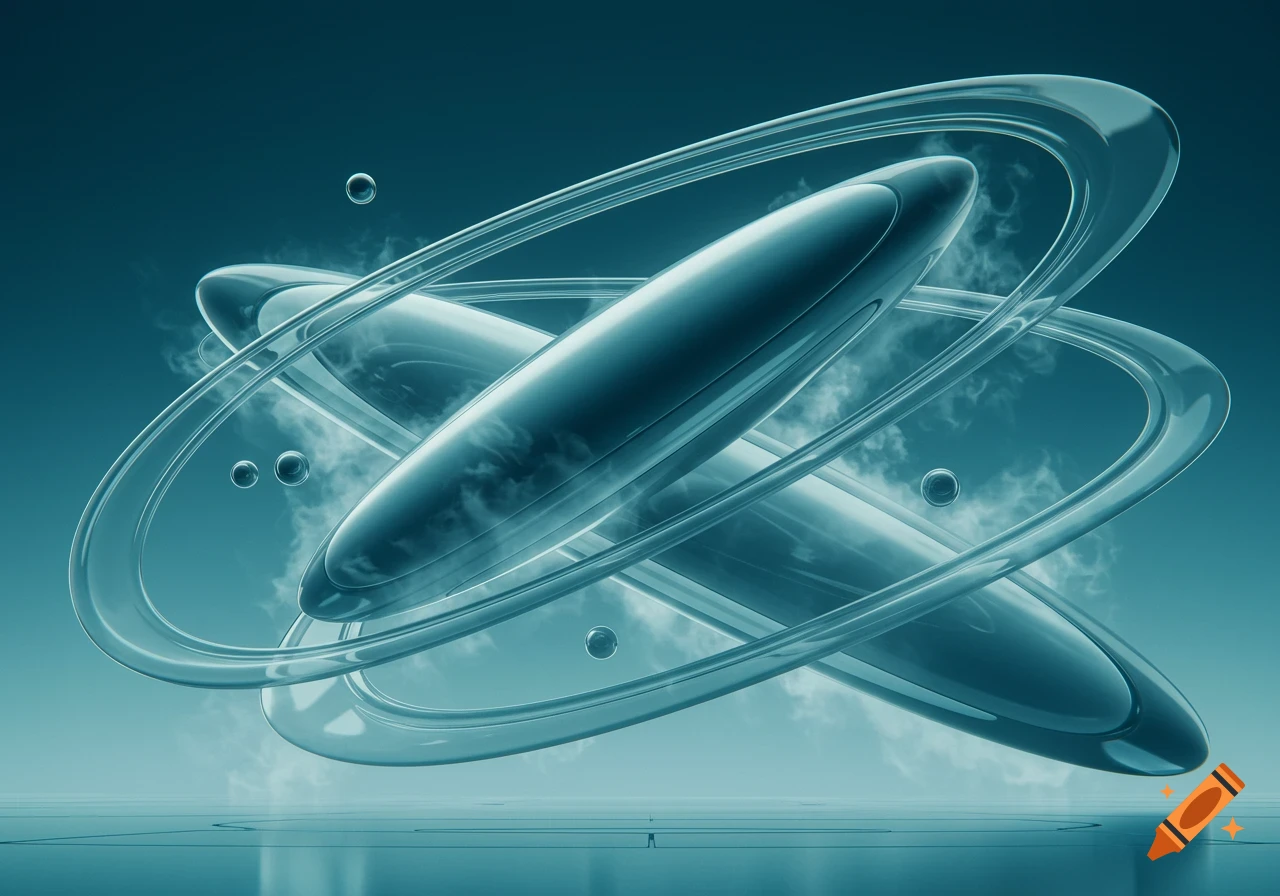 Glossy teal ellipses with translucent rings float in a blue-green sky, 3D render in a futuristic style.