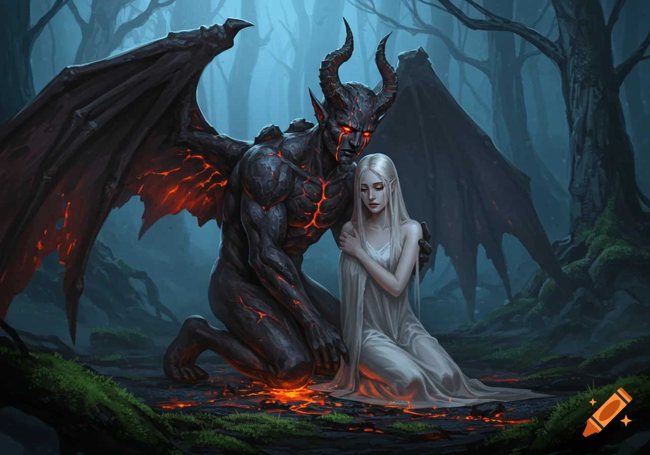 A large black demon with glowing red cracks kneels, comforting a crying, pale woman in a white dress in a dark, misty forest.