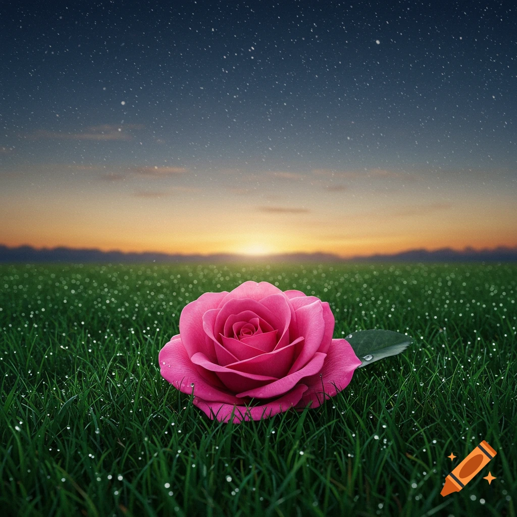 A vibrant pink rose with a single dewdrop on its leaf rests on dew-covered green grass at twilight under a starry sky.