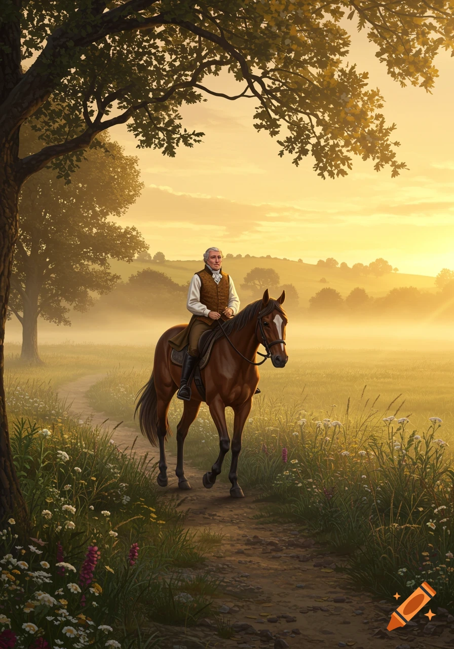 A man in historical attire rides a brown horse on a dirt path through a misty, sunlit field with trees.
