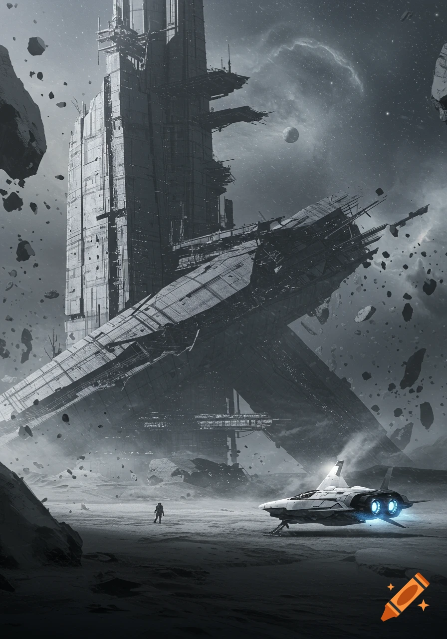 A lone astronaut stands on a desolate alien planet before a giant, ruined futuristic structure, with a spaceship parked nearby.