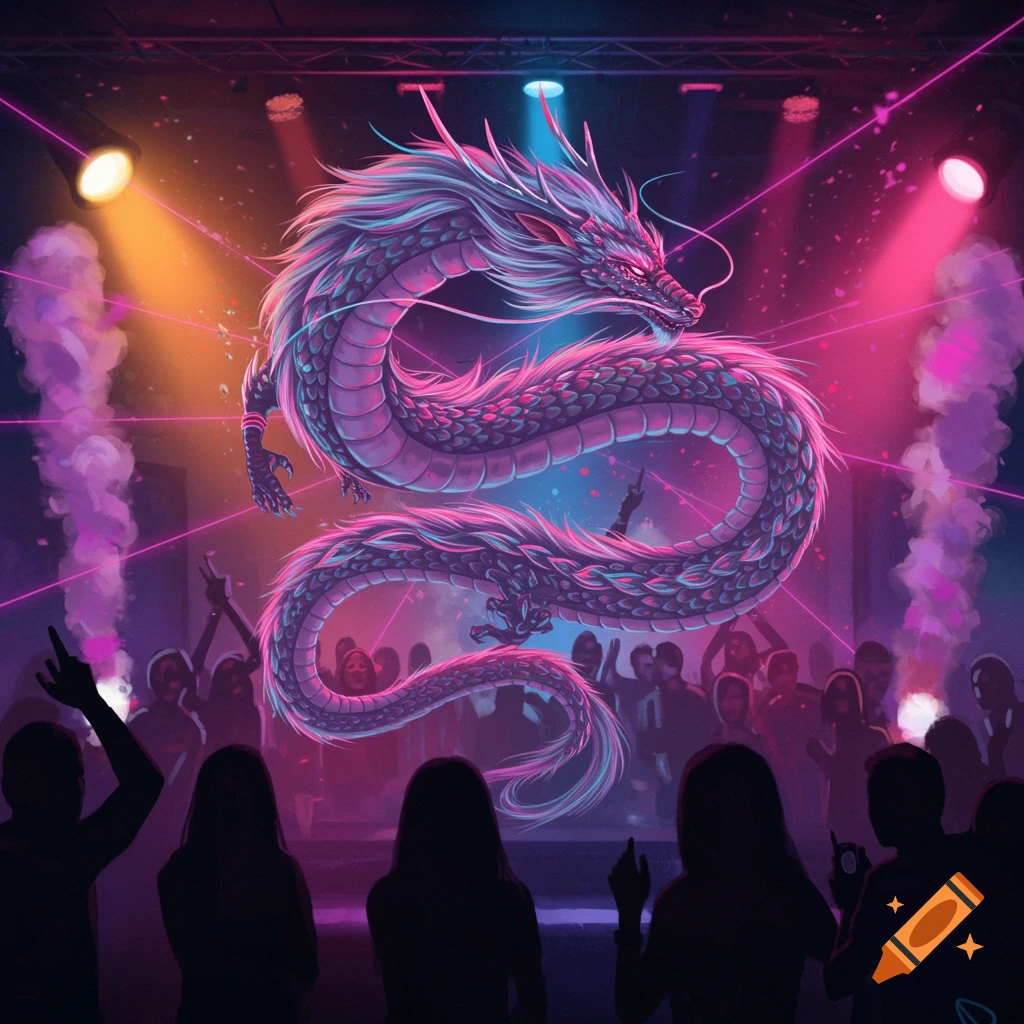 A vibrant, glowing dragon hovers above a crowd of dancing people in a neon-lit club, illuminated by pink and blue stage lights.