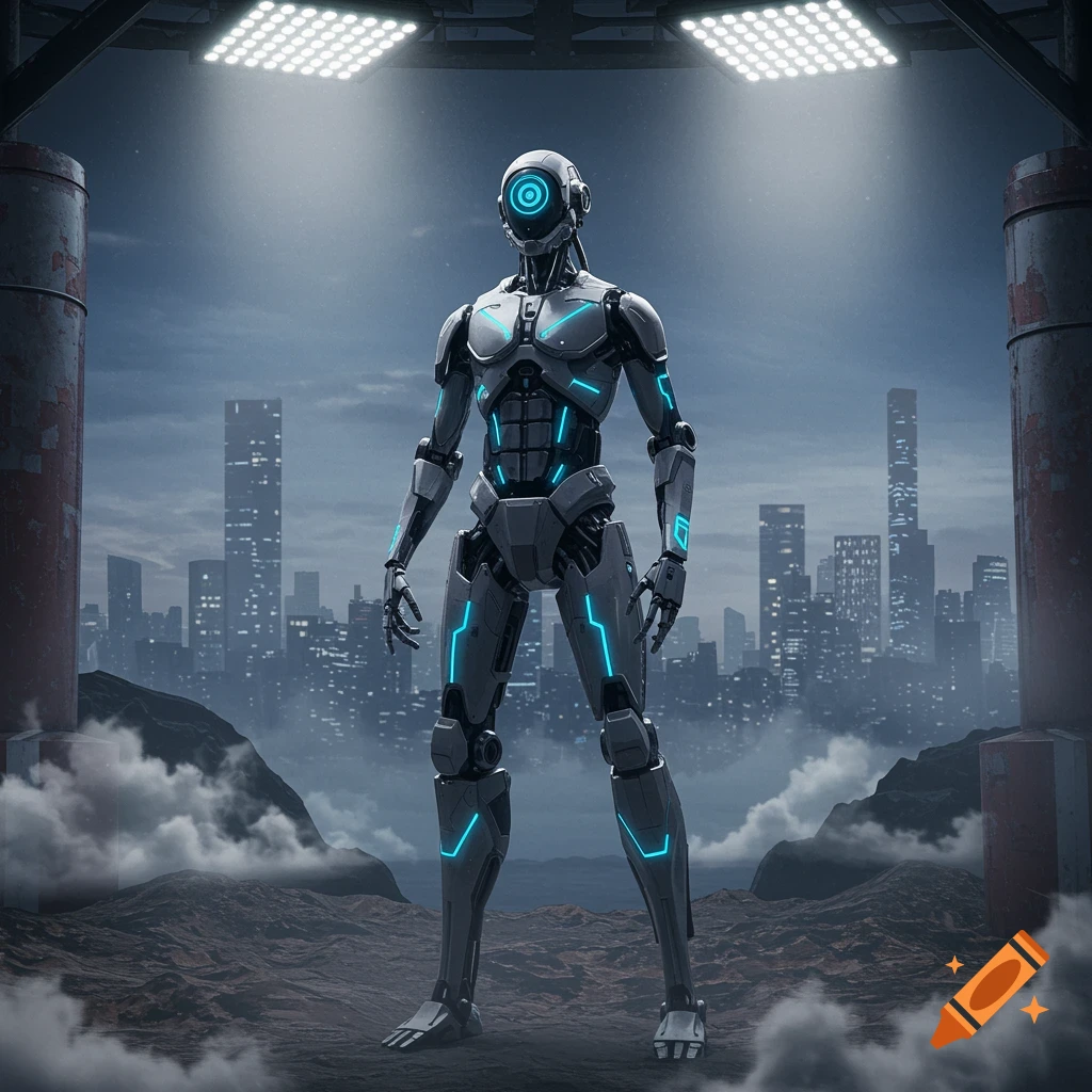 A sleek, grey and blue robot stands in a desolate foreground against a futuristic cityscape under bright stadium lights.
