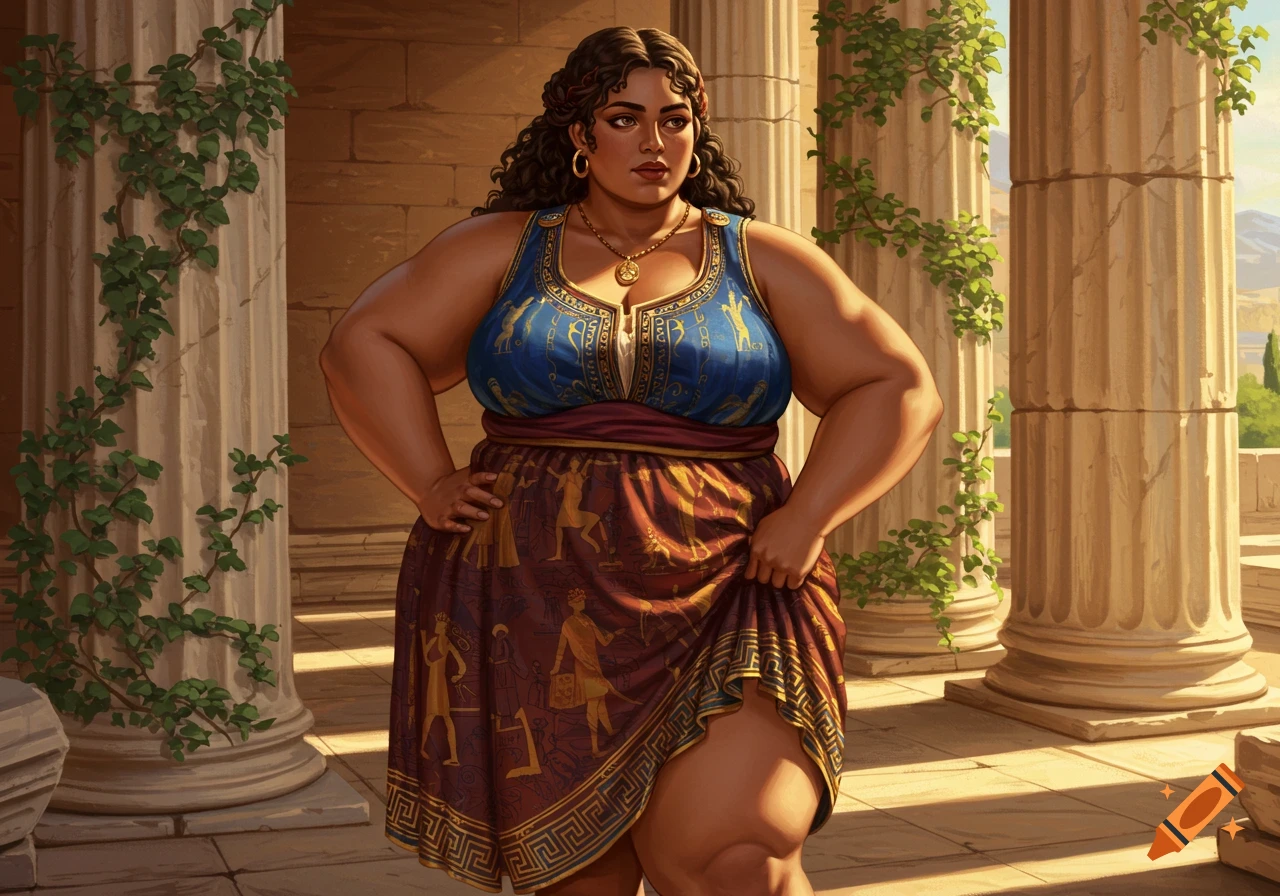 A stocky woman in a blue and maroon dress stands among ancient Greek columns, holding her skirt.