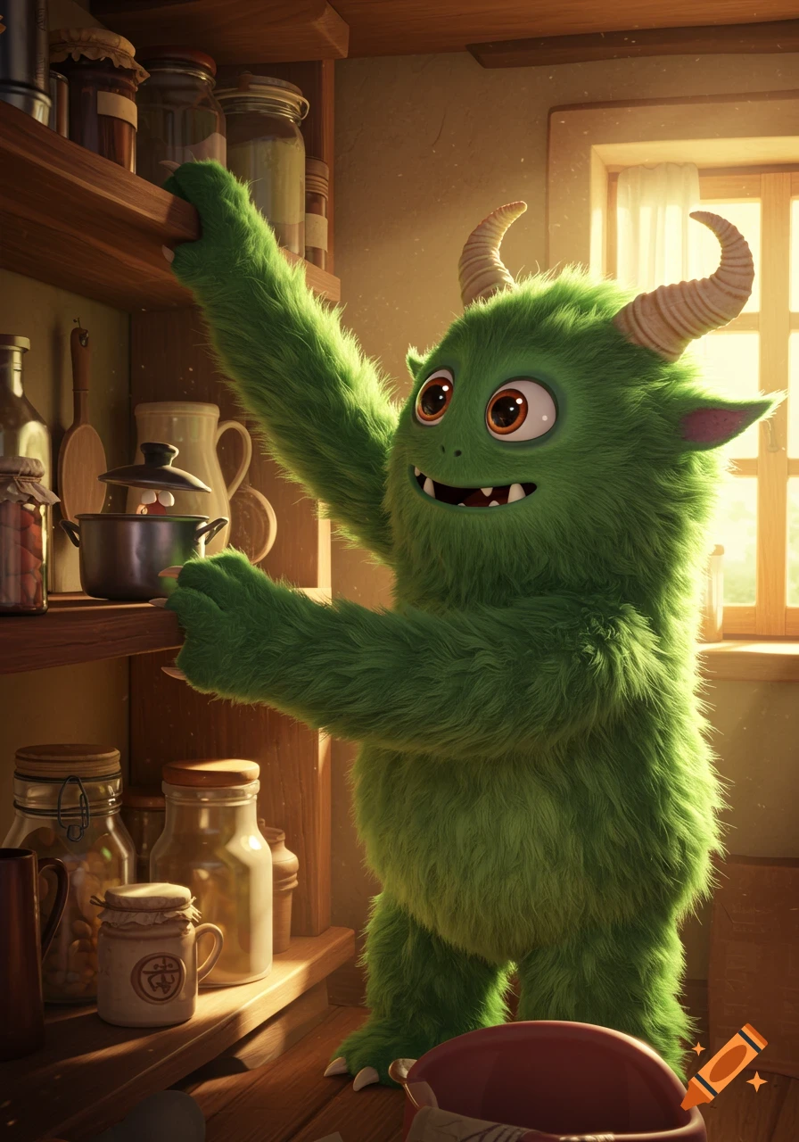 A fluffy green monster with horns reaching for a pot on a wooden kitchen shelf.