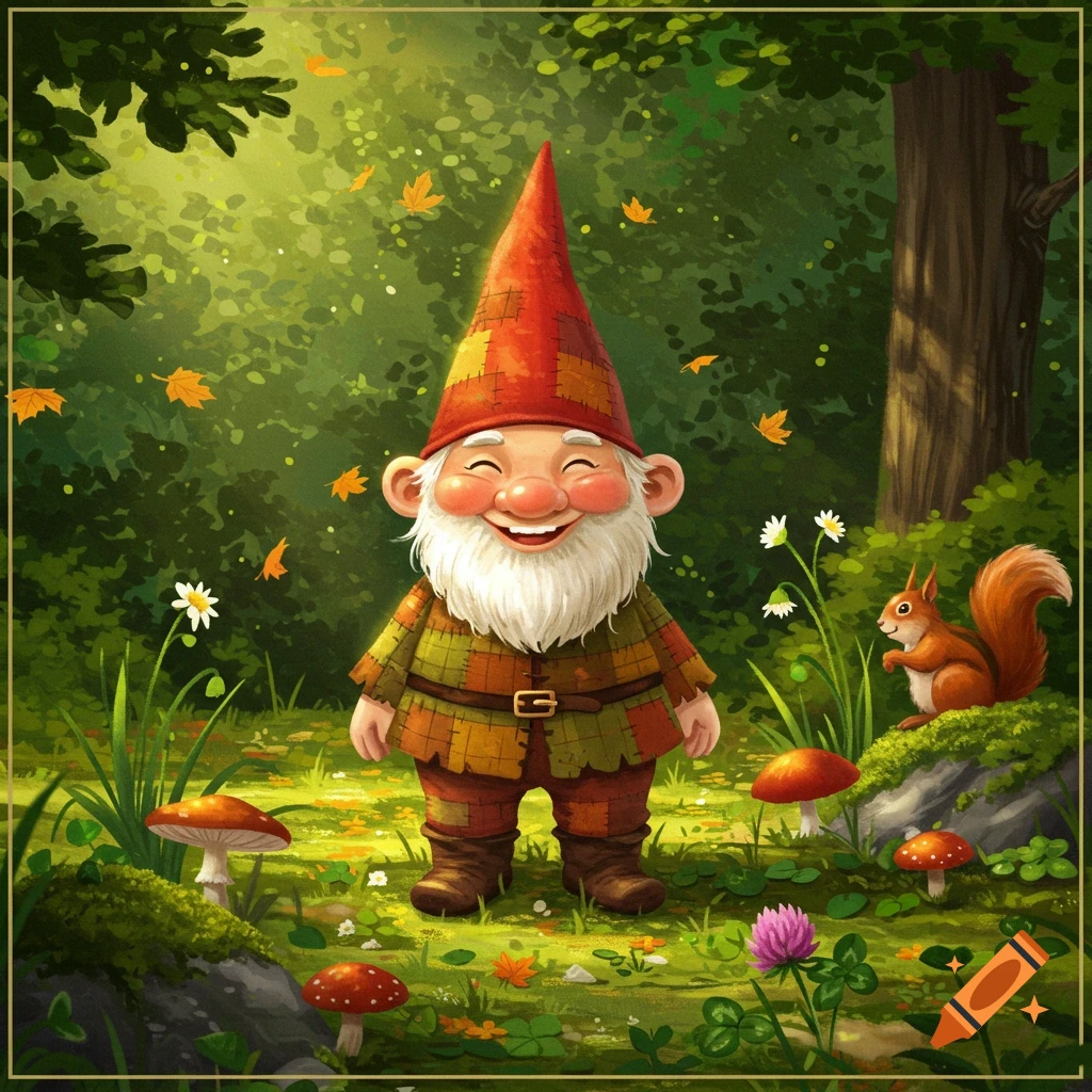 A cheerful garden gnome with a white beard and a red hat stands in a vibrant forest with mushrooms and a squirrel in an illustrated style.