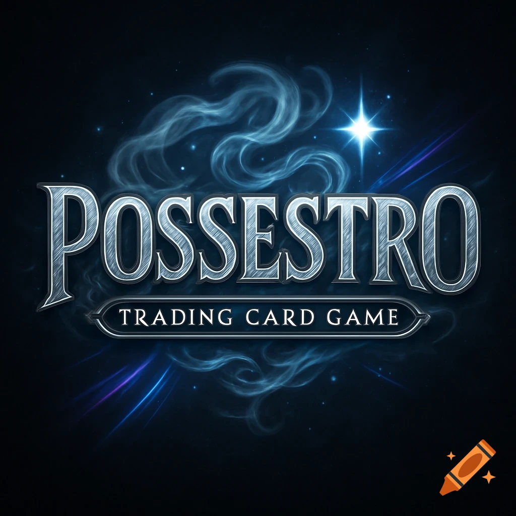 A dark blue and silver logo for Possestro Trading Card Game, featuring metallic ornate text, smoky patterns, and glowing stars.