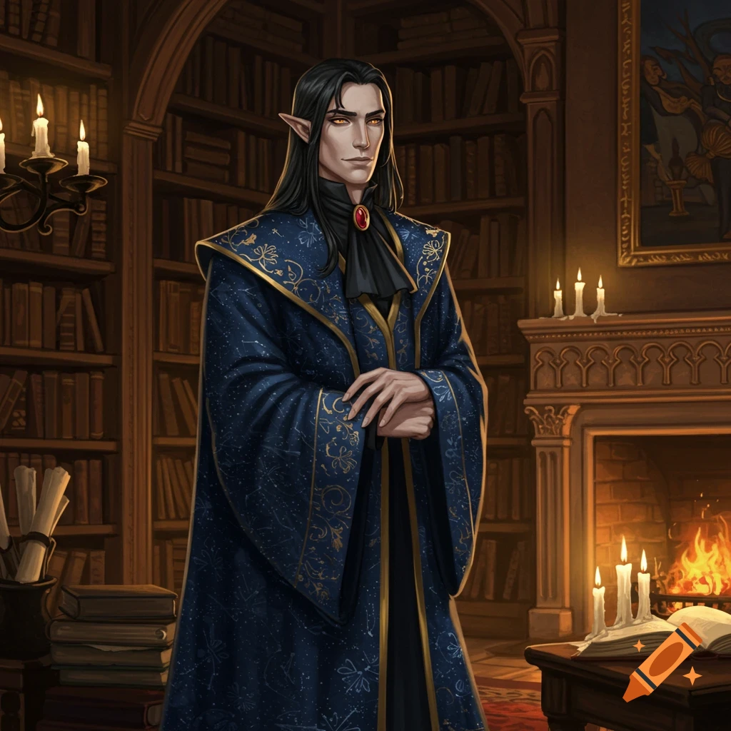 An elegant fantasy character with long dark hair and pointed ears wears a blue and gold robe, standing in a candlelit library with bookshelves and a fireplace.
