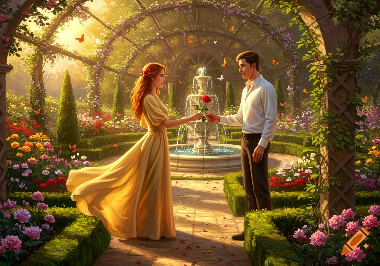 A man gives a red rose to a woman in a vibrant, sunlit garden with a fountain and flowering archways. The woman wears a yellow dress, the man a white shirt.