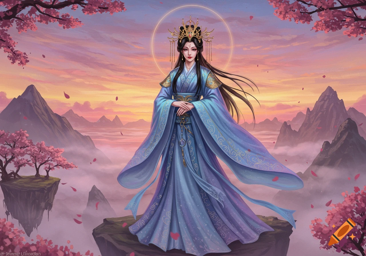 A majestic woman in blue Eastern fantasy attire stands on a floating island amidst cherry blossoms and mountains at sunset.