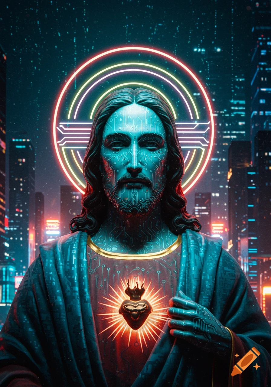 Cyberpunk portrait of Jesus Christ with blue circuit patterns, glowing neon halo, and a burning heart emblem, against a dark futuristic city skyline.