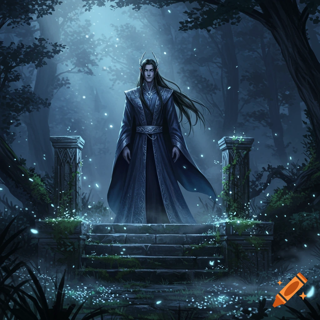 A male elf with long dark hair and ornate clothing stands on stone steps in a mystical, blue-lit forest with glowing particles.