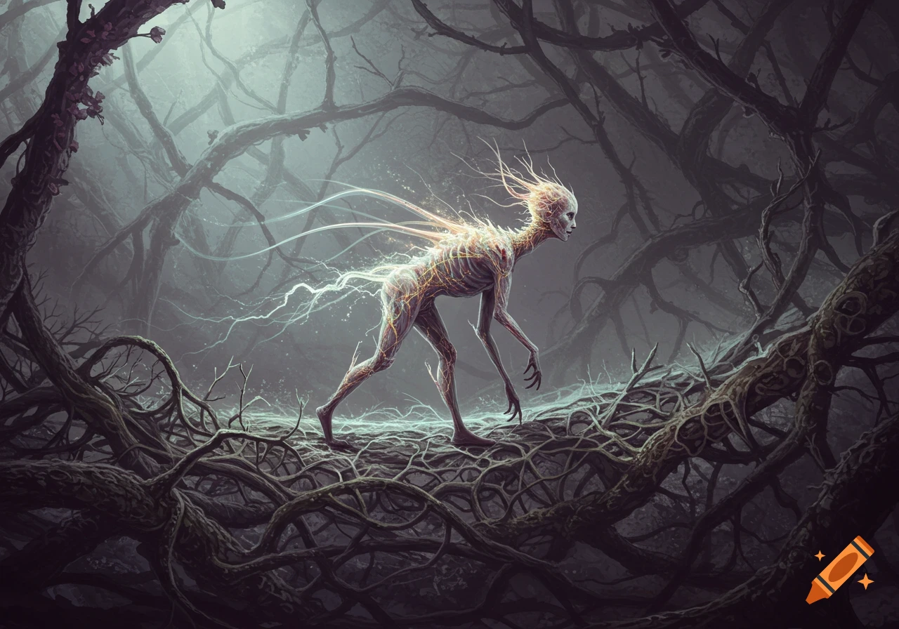A gaunt, skeletal creature with glowing nerves walks through a dark, tangled forest of roots and branches, in an eerie dark fantasy style.