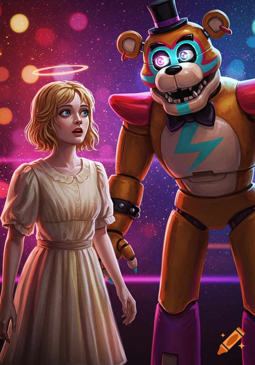 Digital painting of a blonde girl with a halo looking surprised at Glamrock Freddy in a vibrant, sparkling setting.