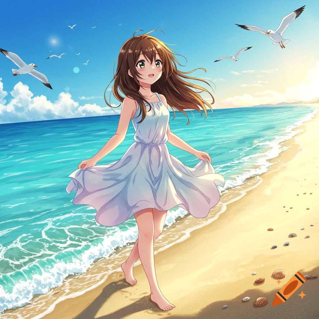 An anime girl with long brown hair walks barefoot along a sunny beach, holding her light blue dress, with seagulls flying above.