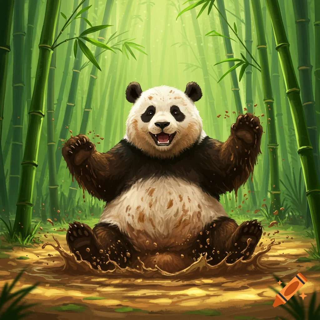 A happy panda sits in a mud puddle, splashing mud around, in a vibrant green bamboo forest.