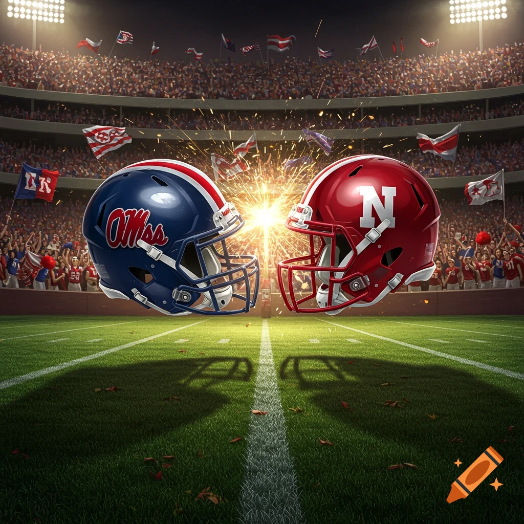 Blue Ole Miss helmet and red Nebraska helmet clashing with sparks in a football stadium filled with fans.