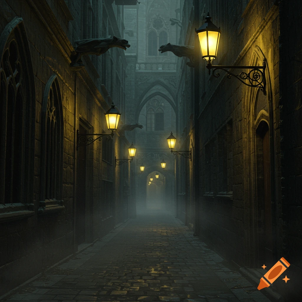 A dark, foggy alleyway lined with gothic buildings, illuminated by glowing lanterns, with gargoyles perched high on the walls.