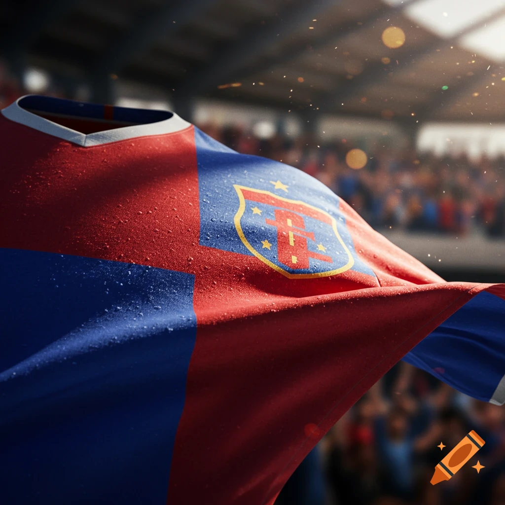 A close-up, photorealistic view of a red and blue sports jersey with a gold and blue crest, covered in water droplets, in a blurred stadium background.