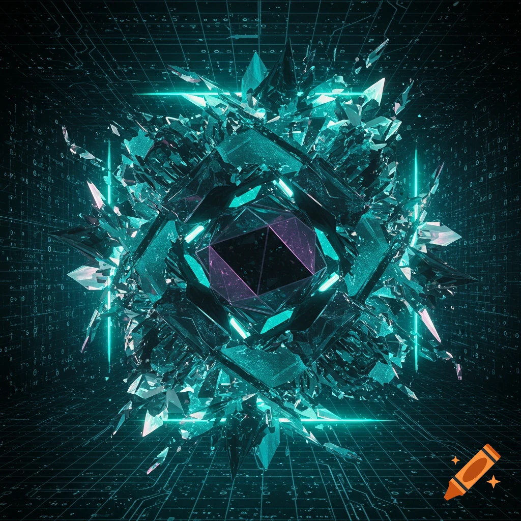 A vibrant, glowing teal and purple crystal structure explodes from a central core, surrounded by a dark background with circuit board patterns.