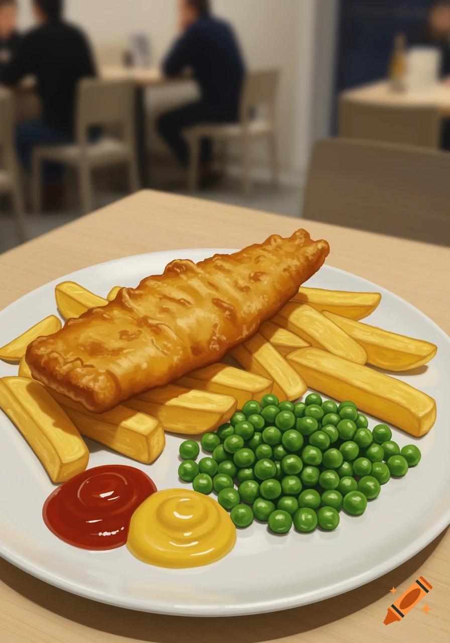 A plate of fish and chips with peas, ketchup, and mustard on a table in a blurred restaurant background.