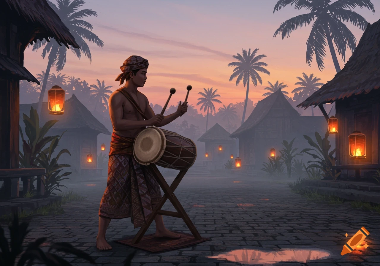 A man plays a traditional drum at dawn in a village with palm trees and glowing lanterns.