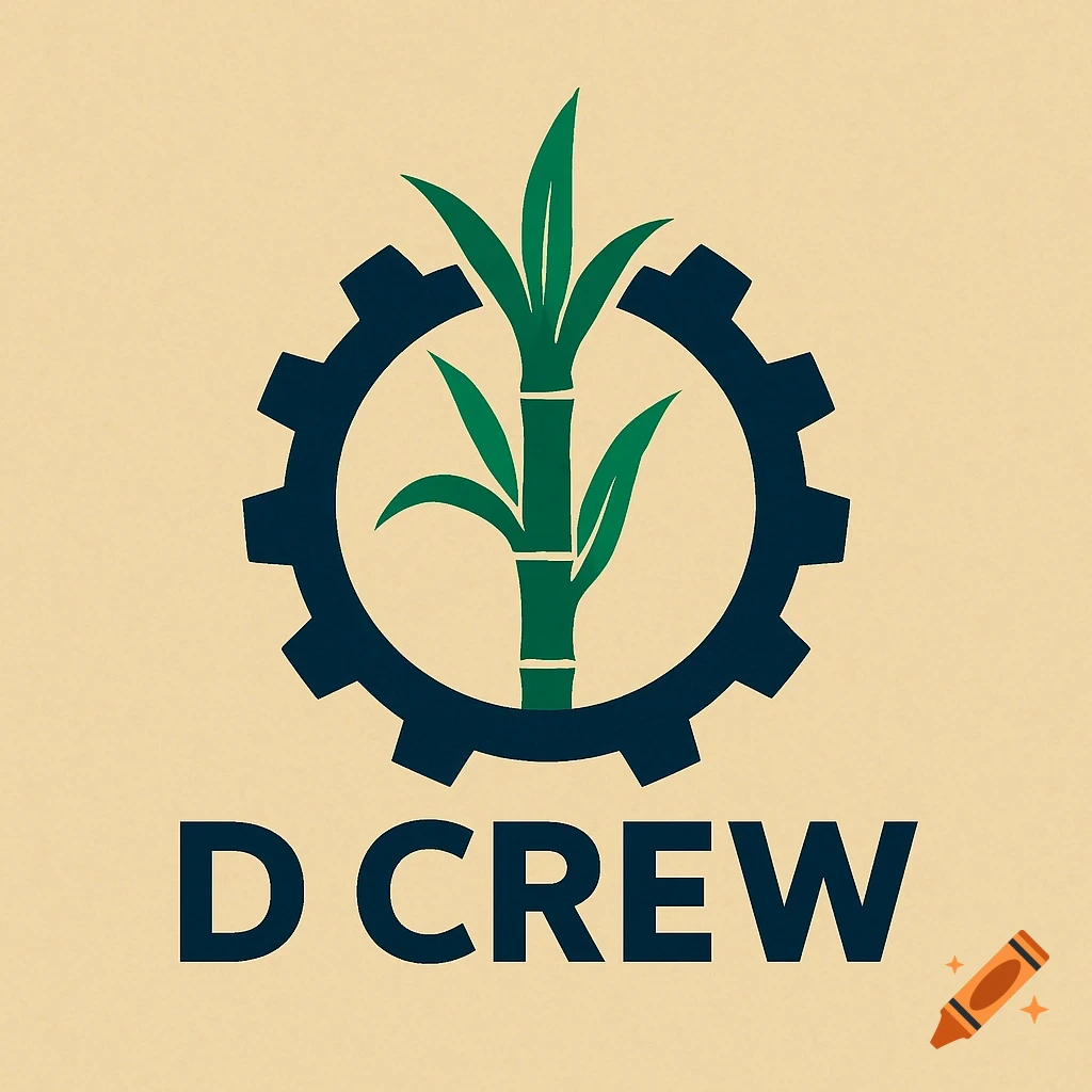 A logo featuring a green sugar cane stalk centered within a dark blue gear, with the text "D CREW" in bold below.