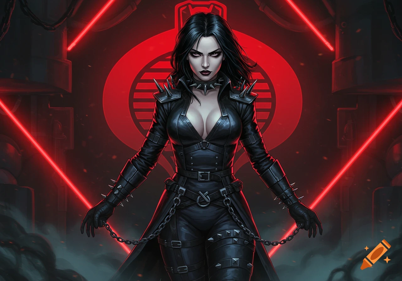 A powerful Goth woman with black hair, dressed in a black leather outfit with spikes and chains, stands in front of a red Cobra logo and glowing red lights.