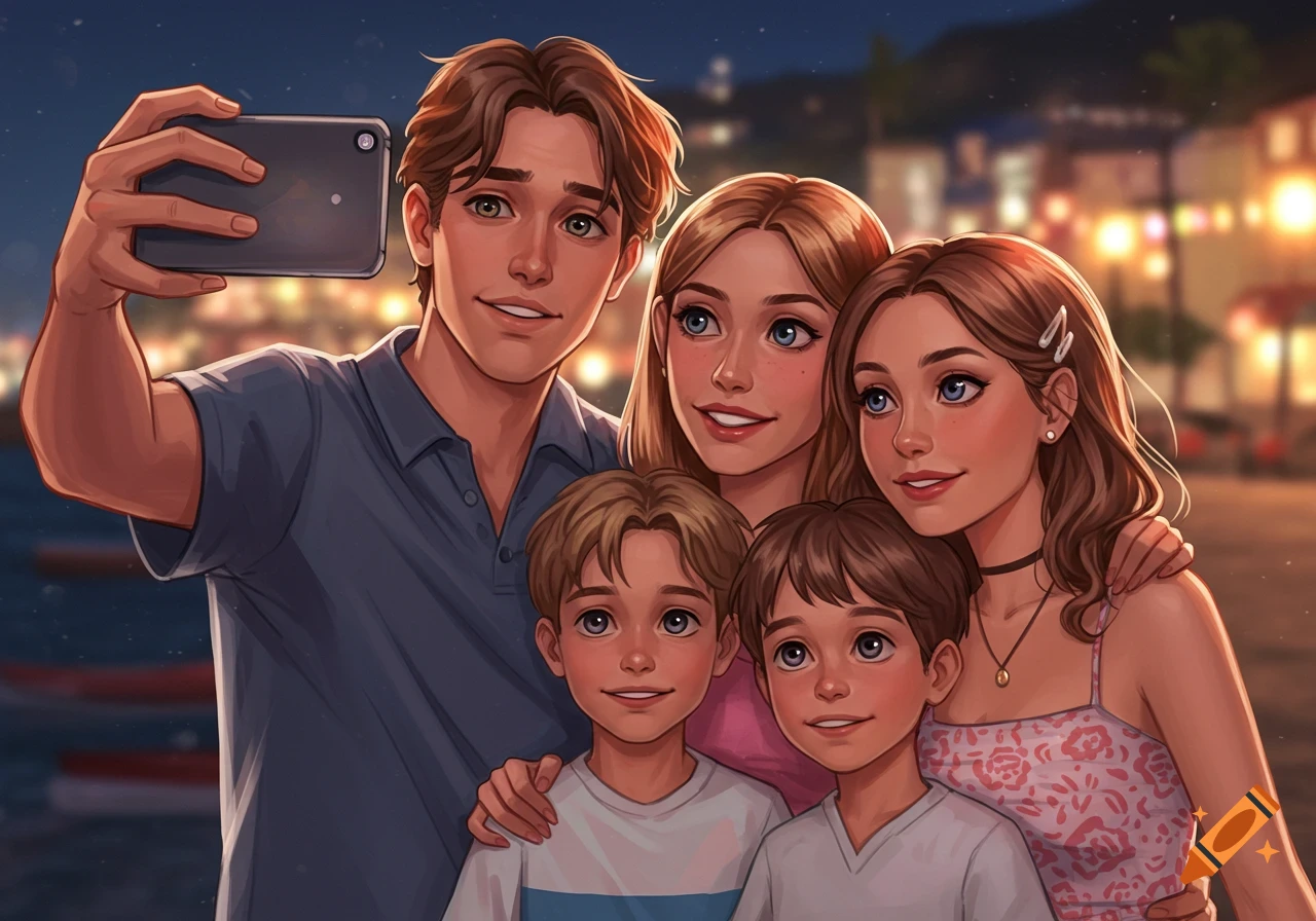 A young man takes a selfie with a woman and two children against a blurred, brightly lit night city background in an animated style.