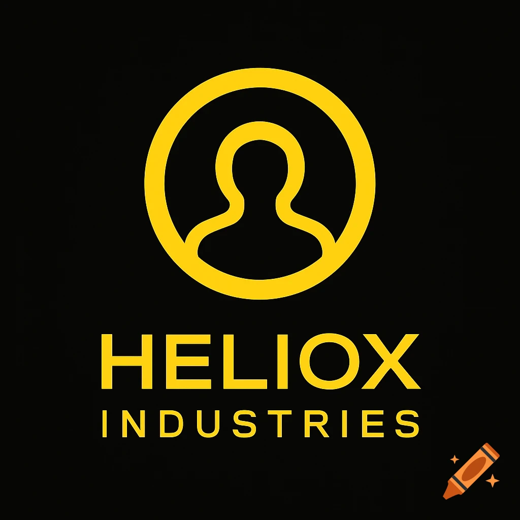 Minimalist yellow logo on black with a human silhouette in a circle and 'HELIOX INDUSTRIES' text.