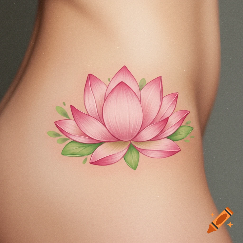 A pink lotus flower tattoo with green leaves on a person's hip.