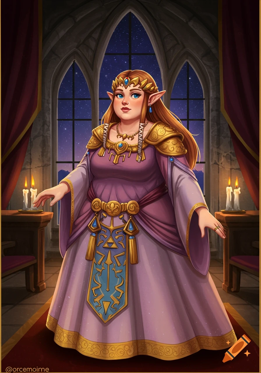 Illustrated portrait of a plus-sized Princess Zelda in a purple and gold dress and crown, standing in a castle room at night.