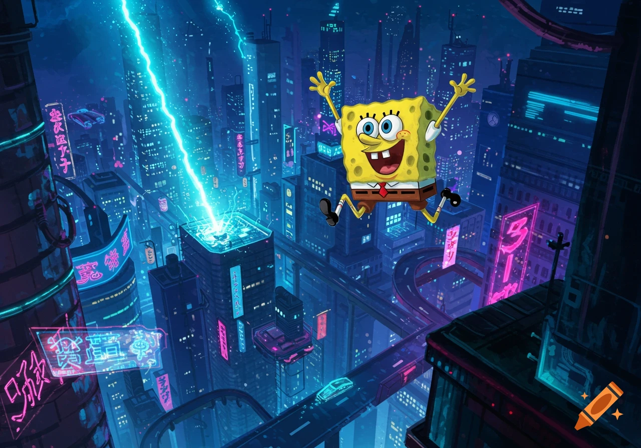 SpongeBob SquarePants jumps over a vibrant, neon-lit cyberpunk city resembling Japan at night, with blue and purple light beams.