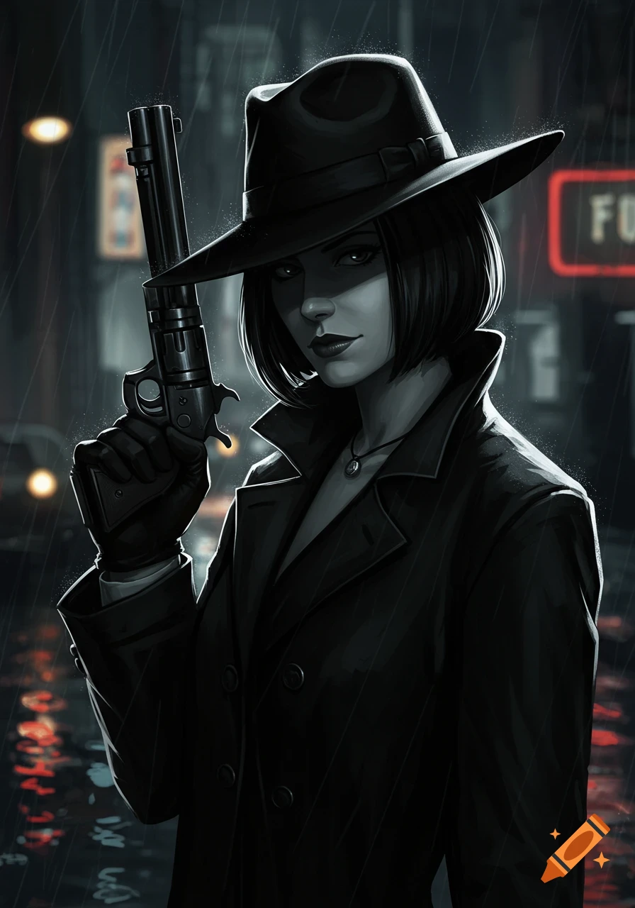 A stylized, dark illustration of a mysterious woman in a fedora and trench coat holding a revolver in the rain.